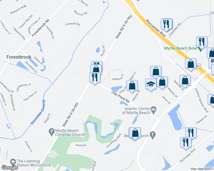 map of restaurants, bars, coffee shops, grocery stores, and more near 101 Fountain Pointe Lane in Myrtle Beach