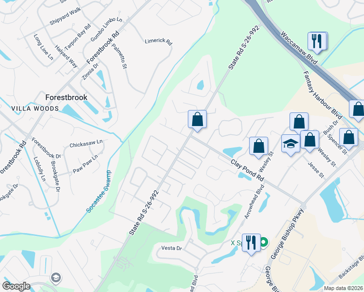 map of restaurants, bars, coffee shops, grocery stores, and more near 749 Burcale Road in Myrtle Beach