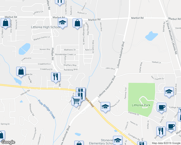 map of restaurants, bars, coffee shops, grocery stores, and more near 6749 Pole Creek Drive in Lithonia
