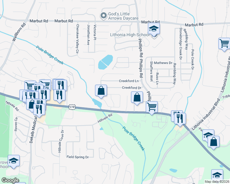 map of restaurants, bars, coffee shops, grocery stores, and more near 2288 Wellington Circle in Lithonia