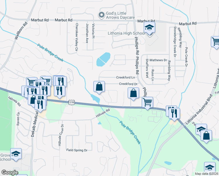 map of restaurants, bars, coffee shops, grocery stores, and more near 2288 Wellington Circle in Lithonia