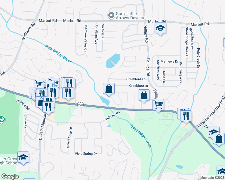 map of restaurants, bars, coffee shops, grocery stores, and more near 2249 Wellington Circle in Lithonia