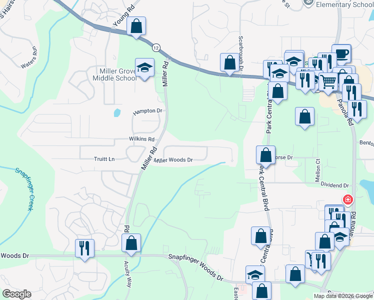 map of restaurants, bars, coffee shops, grocery stores, and more near 5123 Miller Woods Trail in Decatur