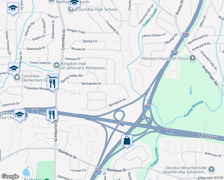 map of restaurants, bars, coffee shops, grocery stores, and more near 2363 Springrun Court in Decatur
