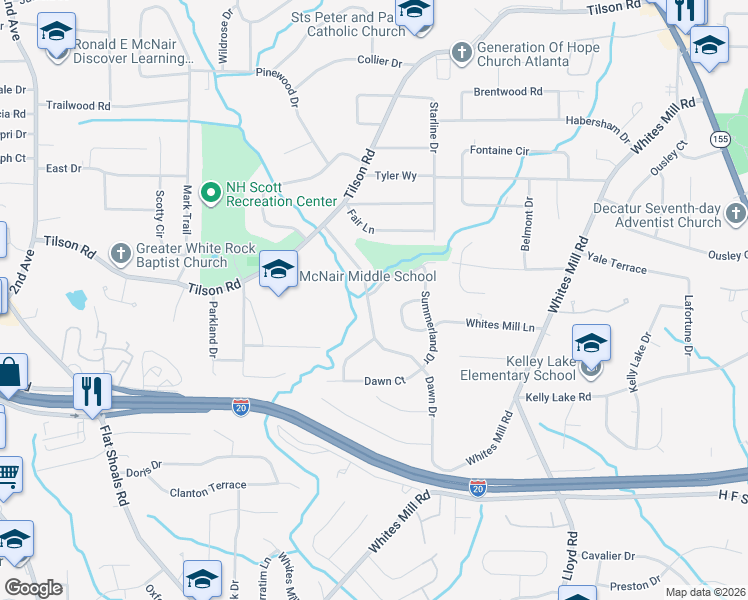 map of restaurants, bars, coffee shops, grocery stores, and more near 2412 Dawn Drive in Decatur