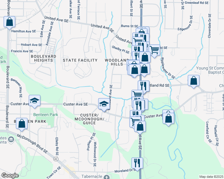 map of restaurants, bars, coffee shops, grocery stores, and more near 1081 Napier Street Southeast in Atlanta