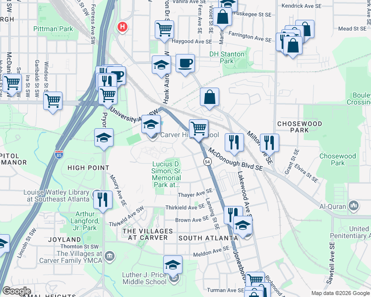 map of restaurants, bars, coffee shops, grocery stores, and more near 40 Gammon Street Southeast in Atlanta
