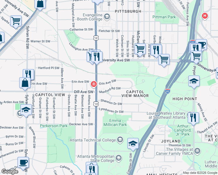 map of restaurants, bars, coffee shops, grocery stores, and more near 575 Manford Road Southwest in Atlanta