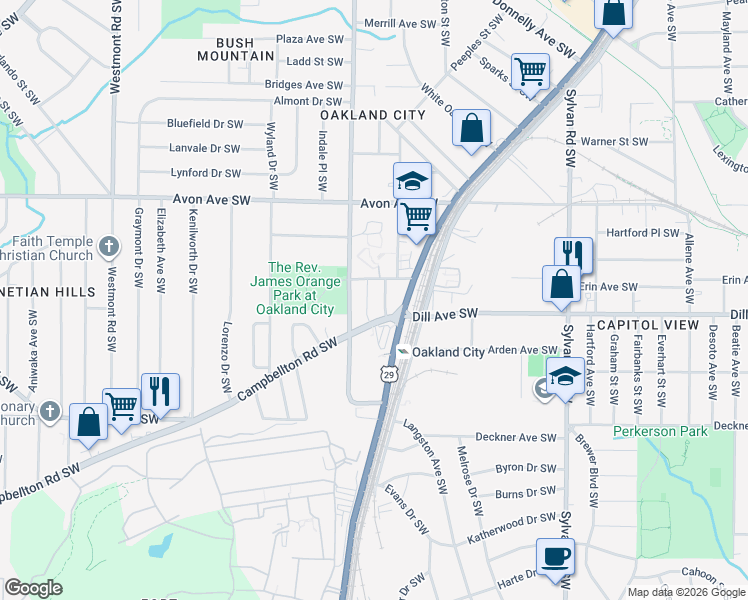 map of restaurants, bars, coffee shops, grocery stores, and more near 1328 Brewster Street Southwest in Atlanta