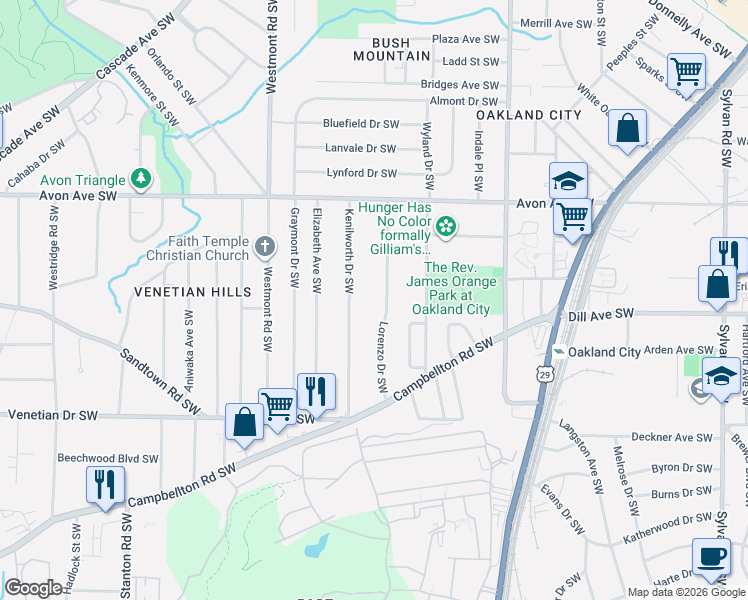 map of restaurants, bars, coffee shops, grocery stores, and more near 1340 Kenilworth Drive Southwest in Atlanta
