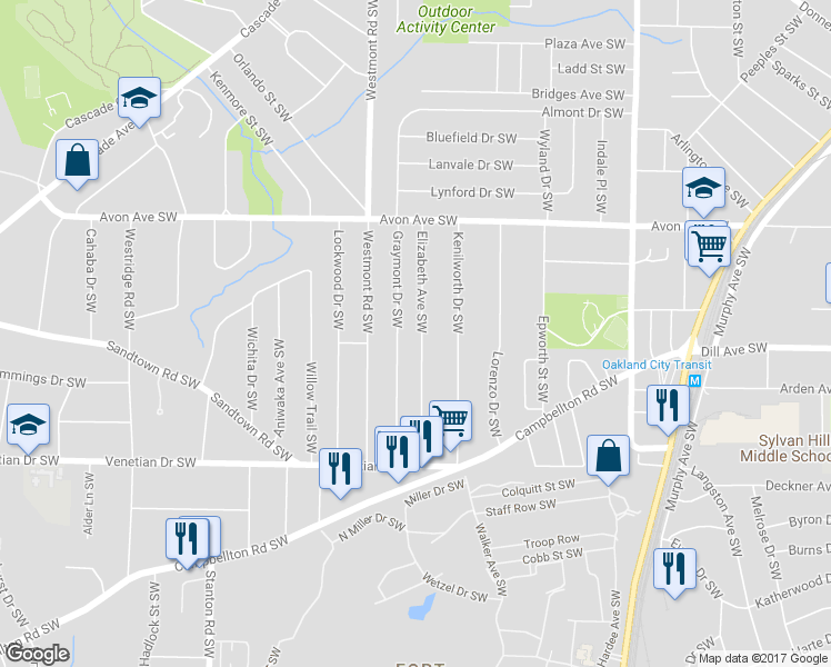 map of restaurants, bars, coffee shops, grocery stores, and more near 1315 Elizabeth Avenue Southwest in Atlanta
