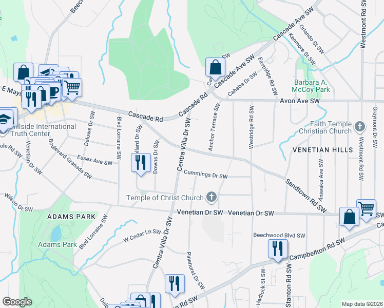map of restaurants, bars, coffee shops, grocery stores, and more near 1940 Sandtown Road Southwest in Atlanta