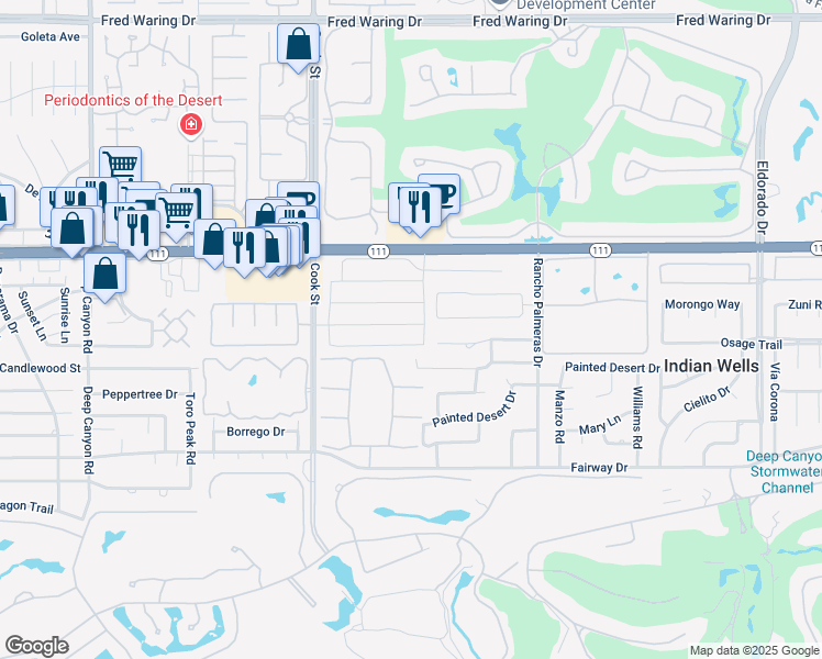 map of restaurants, bars, coffee shops, grocery stores, and more near 75211 Palisades Place in Indian Wells