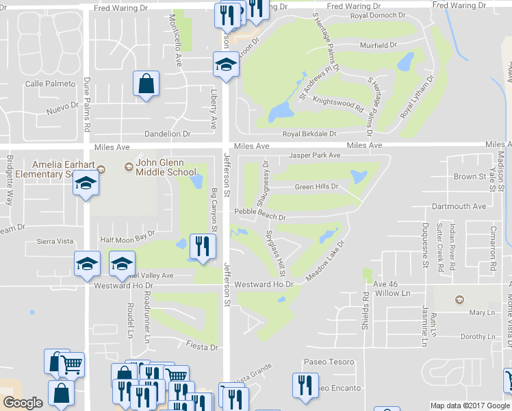 map of restaurants, bars, coffee shops, grocery stores, and more near 45439 Shaugnessy Drive in Indio