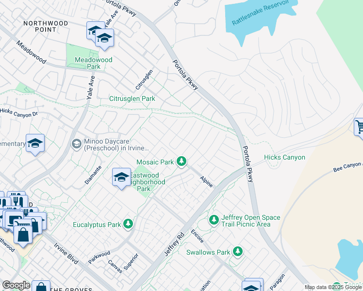map of restaurants, bars, coffee shops, grocery stores, and more near 126 Paxton in Irvine