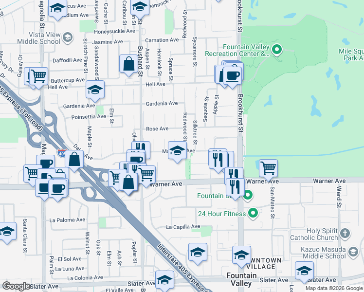 map of restaurants, bars, coffee shops, grocery stores, and more near 16817 Redwood Street in Fountain Valley
