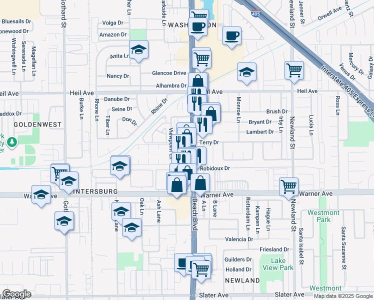 map of restaurants, bars, coffee shops, grocery stores, and more near 7962 Moonshadow Circle in Huntington Beach