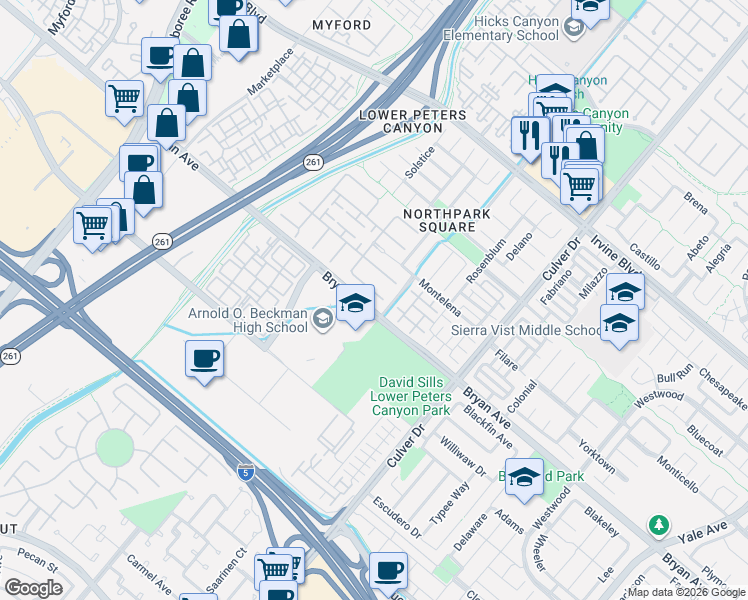 map of restaurants, bars, coffee shops, grocery stores, and more near 2 Saintsbury in Irvine