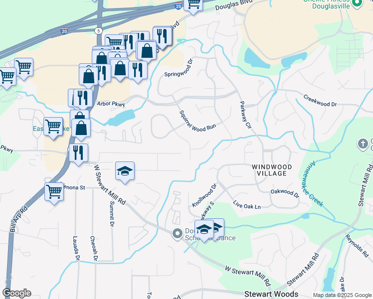 map of restaurants, bars, coffee shops, grocery stores, and more near 9747 Whitetail Road in Douglasville
