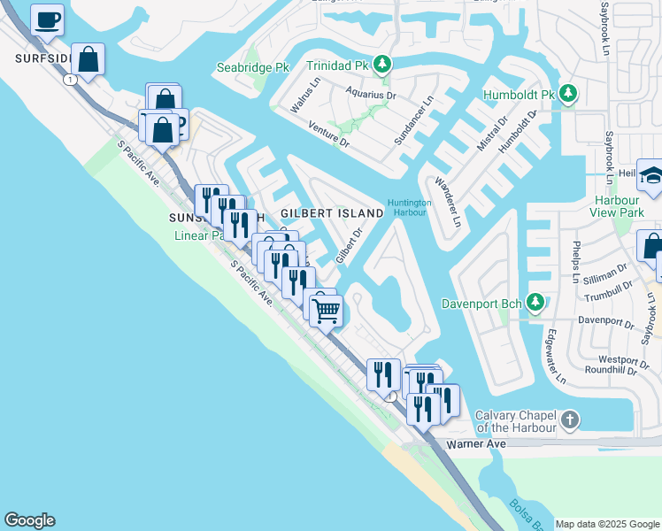 map of restaurants, bars, coffee shops, grocery stores, and more near 3302 Gilbert Drive in Huntington Beach