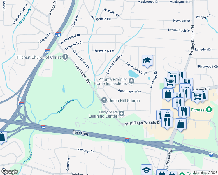 map of restaurants, bars, coffee shops, grocery stores, and more near 3993 Snapfinger Way in Decatur