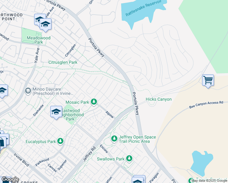 map of restaurants, bars, coffee shops, grocery stores, and more near 214 Parkwood in Irvine
