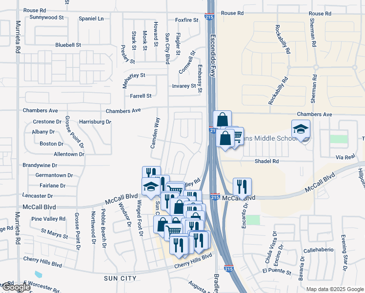 map of restaurants, bars, coffee shops, grocery stores, and more near 27601 Sun City Boulevard in Menifee