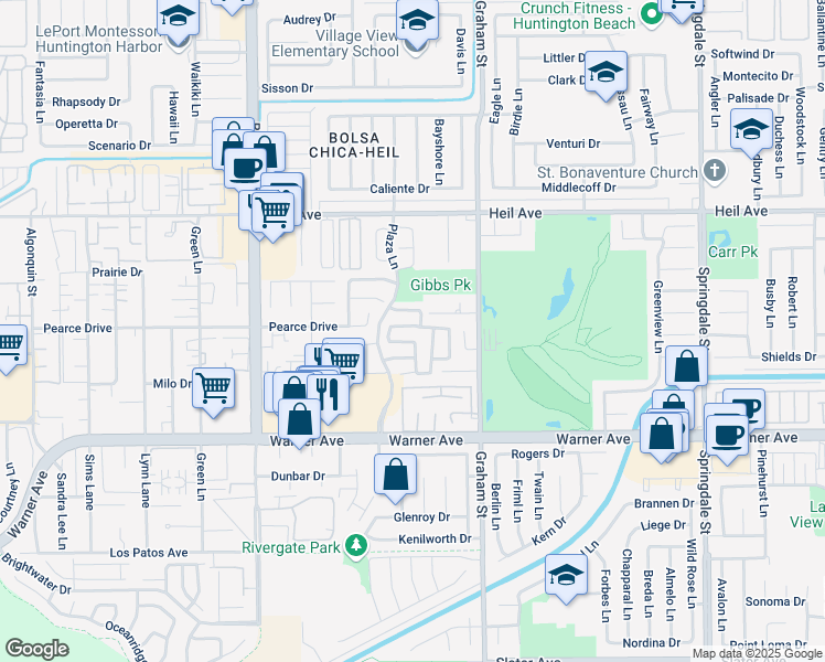 map of restaurants, bars, coffee shops, grocery stores, and more near 16812 Barclay Lane in Huntington Beach