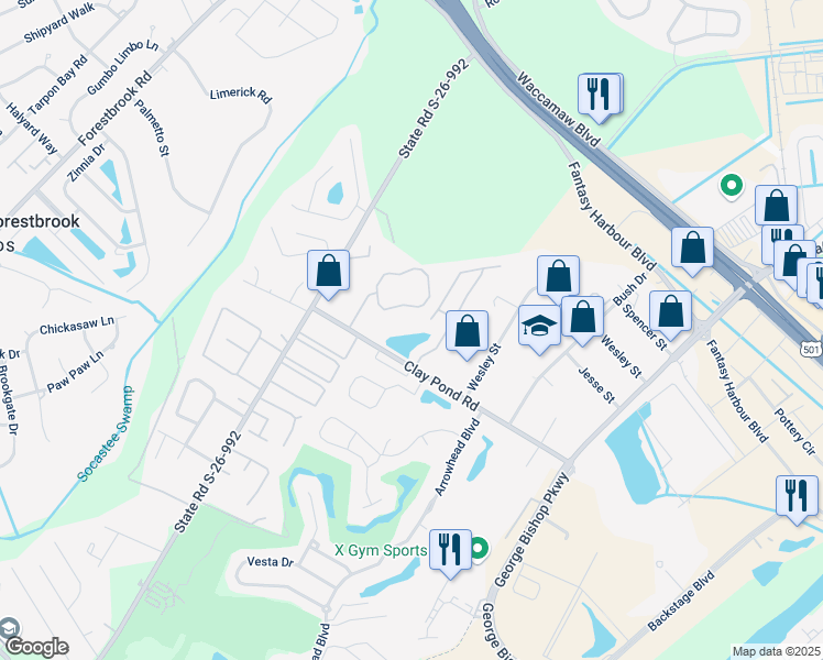 map of restaurants, bars, coffee shops, grocery stores, and more near 110 Fountain Pointe Lane in Myrtle Beach