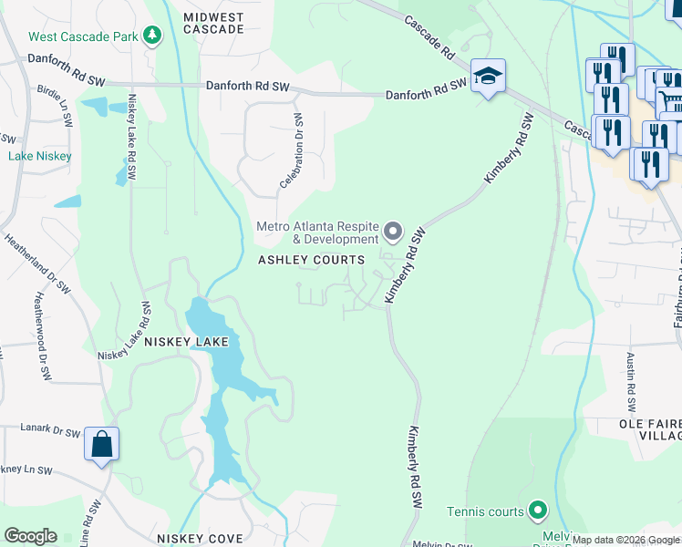 map of restaurants, bars, coffee shops, grocery stores, and more near 1371 Kimberly Way Southwest in Atlanta