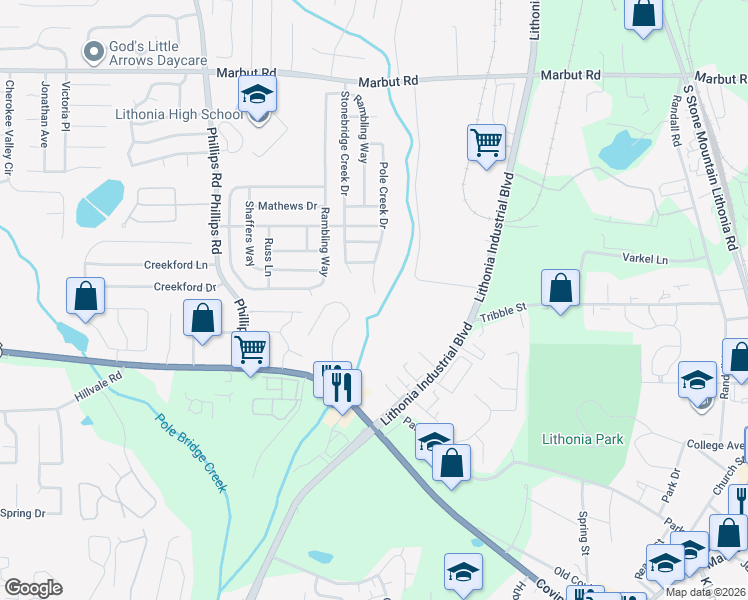 map of restaurants, bars, coffee shops, grocery stores, and more near 6749 Pole Creek Drive in Lithonia