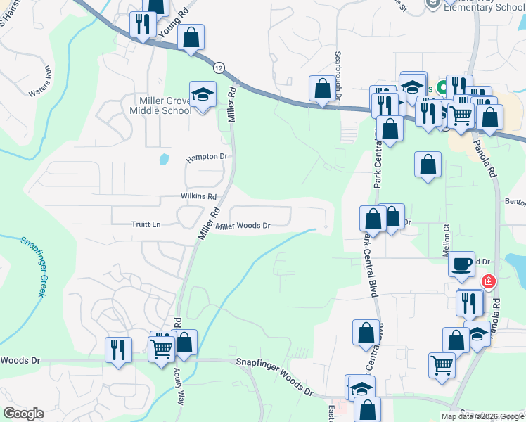 map of restaurants, bars, coffee shops, grocery stores, and more near 5123 Miller Woods Trail in Decatur