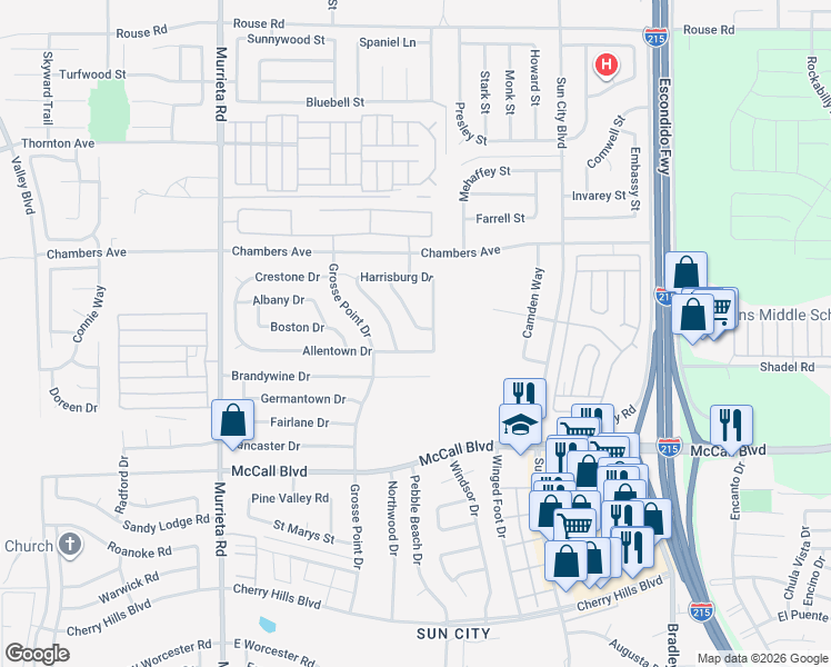 map of restaurants, bars, coffee shops, grocery stores, and more near 27701 Sandtrap Drive in Menifee