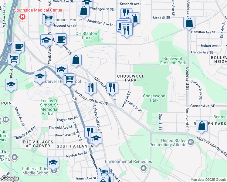 map of restaurants, bars, coffee shops, grocery stores, and more near 1303 Hill Street Southeast in Atlanta