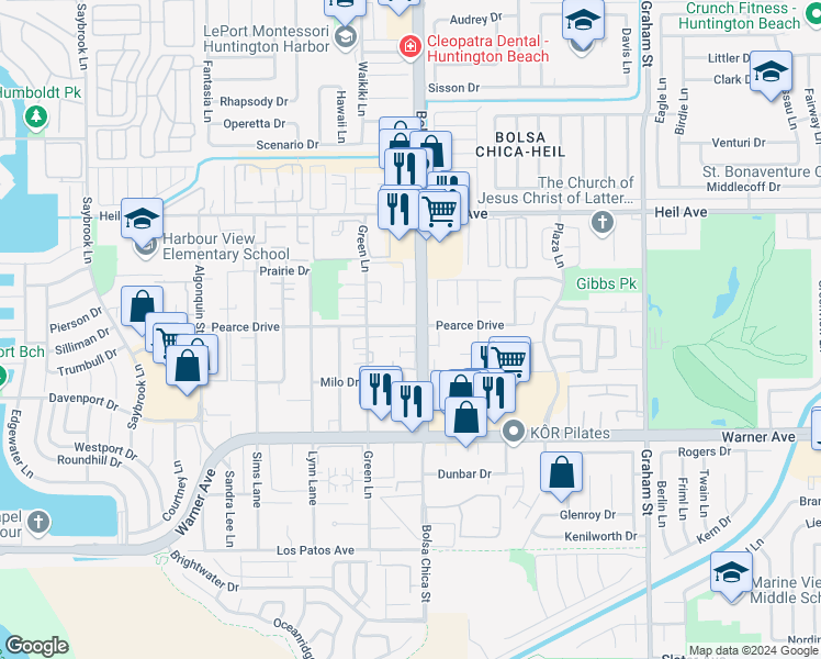 map of restaurants, bars, coffee shops, grocery stores, and more near 4986 Pearce Drive in Huntington Beach