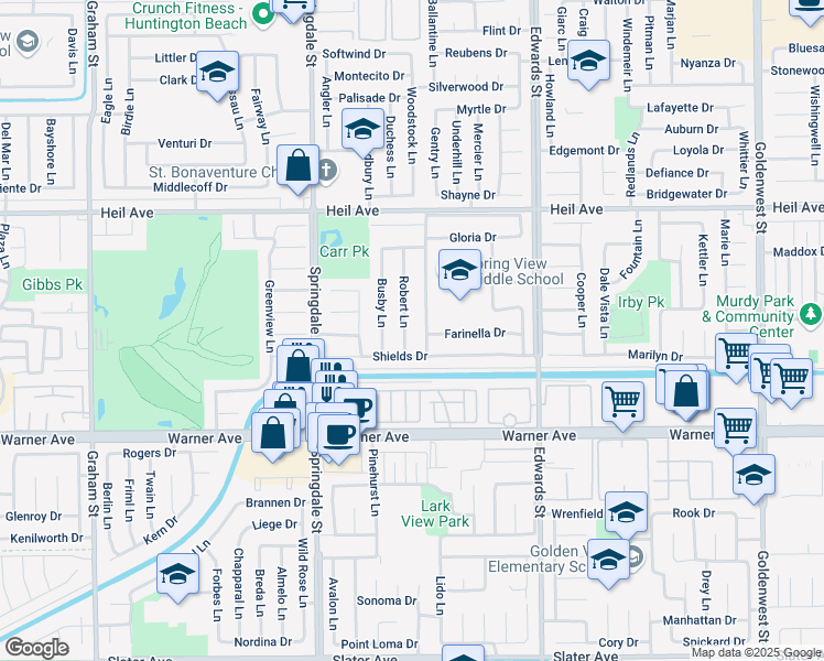 map of restaurants, bars, coffee shops, grocery stores, and more near 16771 Trudy Lane in Huntington Beach