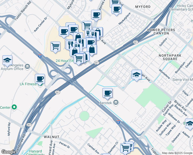 map of restaurants, bars, coffee shops, grocery stores, and more near 3240 El Camino Real in Irvine