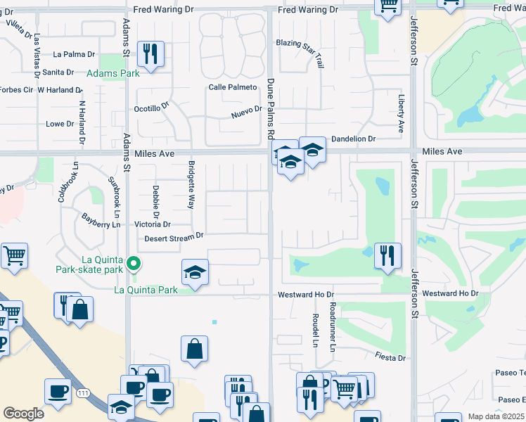 map of restaurants, bars, coffee shops, grocery stores, and more near 45390 Desert Eagle Court in La Quinta