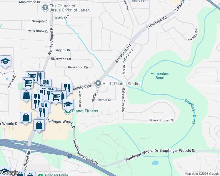 map of restaurants, bars, coffee shops, grocery stores, and more near 4497 Dorset Circle in Decatur