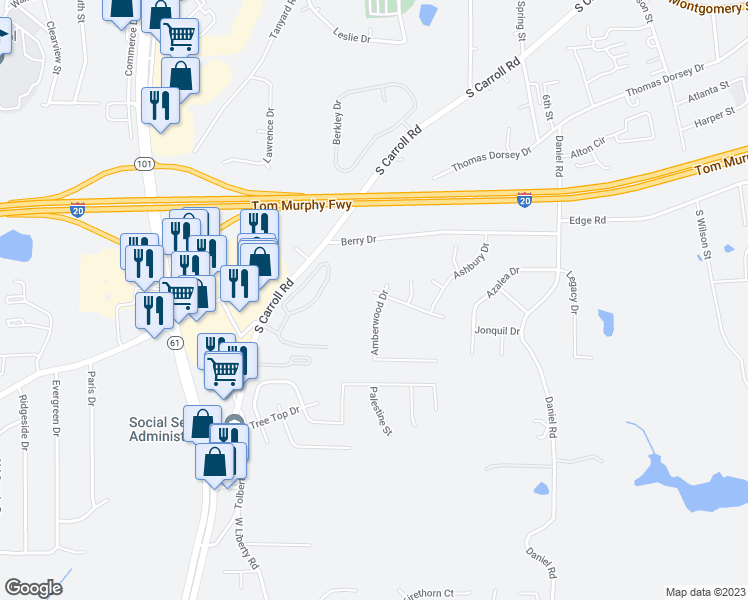map of restaurants, bars, coffee shops, grocery stores, and more near 610 Amberwood Drive in Villa Rica