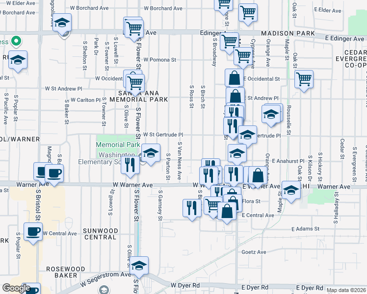 map of restaurants, bars, coffee shops, grocery stores, and more near 2136 South Van Ness Avenue in Santa Ana