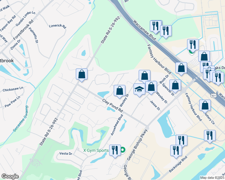 map of restaurants, bars, coffee shops, grocery stores, and more near 3686 Clay Pond Village Lane in Myrtle Beach