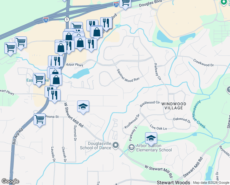 map of restaurants, bars, coffee shops, grocery stores, and more near 5525 Woodland Drive in Douglasville