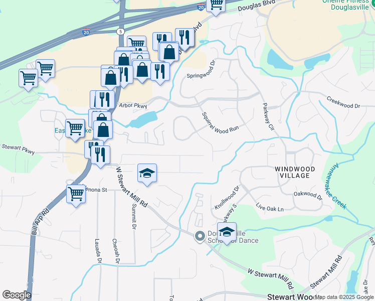 map of restaurants, bars, coffee shops, grocery stores, and more near 5525 Woodland Drive in Douglasville