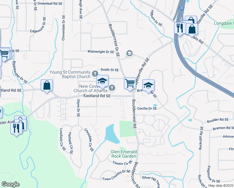 map of restaurants, bars, coffee shops, grocery stores, and more near 1628 Eastland Road Southeast in Atlanta