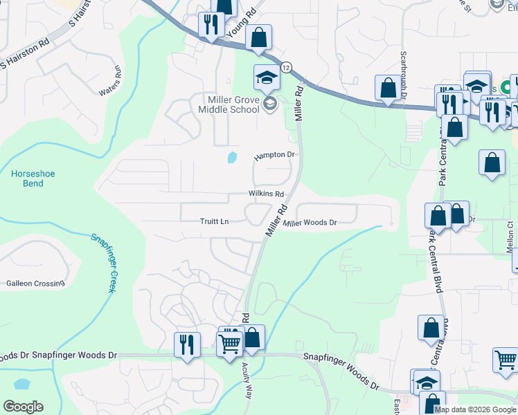 map of restaurants, bars, coffee shops, grocery stores, and more near 2473 Miller Oaks Circle in Decatur