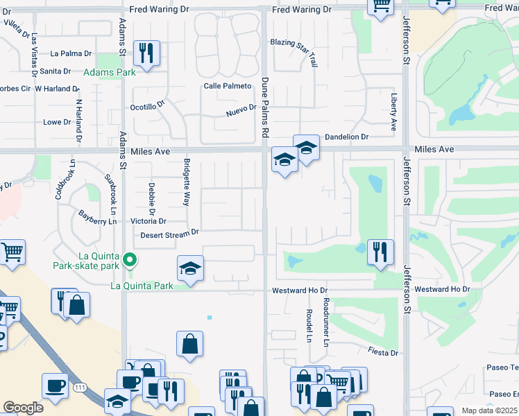 map of restaurants, bars, coffee shops, grocery stores, and more near 45390 Desert Eagle Court in La Quinta