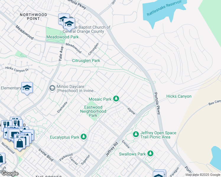 map of restaurants, bars, coffee shops, grocery stores, and more near 126 Cutlass in Irvine