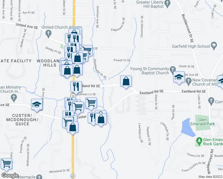 map of restaurants, bars, coffee shops, grocery stores, and more near 2333 Mason Drive in Atlanta