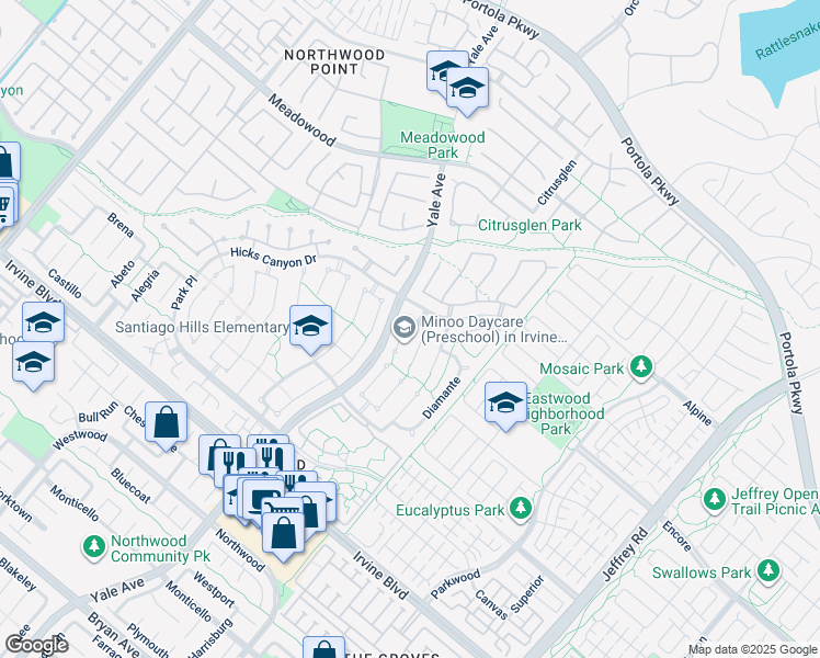 map of restaurants, bars, coffee shops, grocery stores, and more near 17 Entrada West in Irvine